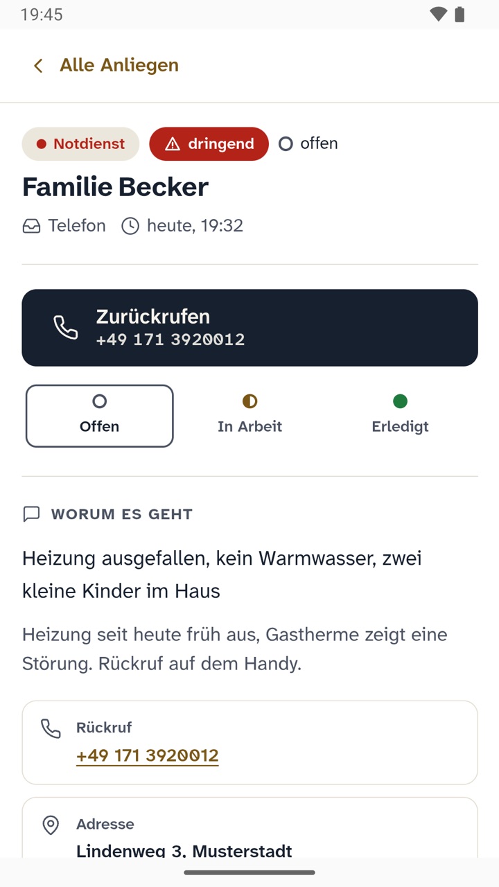 Klingelfrei, Ansicht Anliegen: Details zum Anruf von Familie Becker mit Adresse und Rückrufnummer.