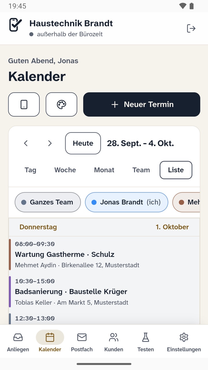 Klingelfrei, Ansicht Kalender: Termine des Teams.