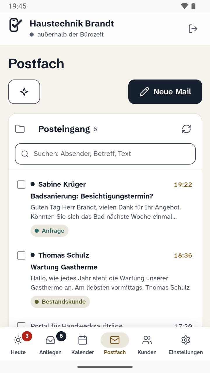 Klingelfrei-App: Postfach eines Haustechnik-Betriebs, Anfragen und Bestandskunden sind markiert.
