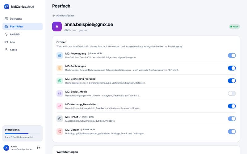 MailGenius-Kundenportal: Ordner für Posteingang, Rechnungen, Bestellung und Versand, Social Media, Werbung, Spam und Gefahr, jeweils einzeln schaltbar.